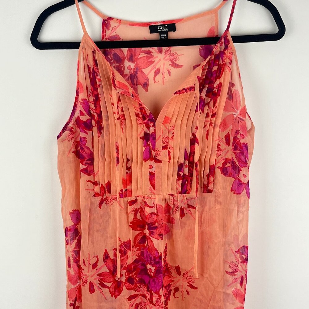 Chic by Jacob Top Blouse Size M Pink Sleeveless Floral Halter Neckline